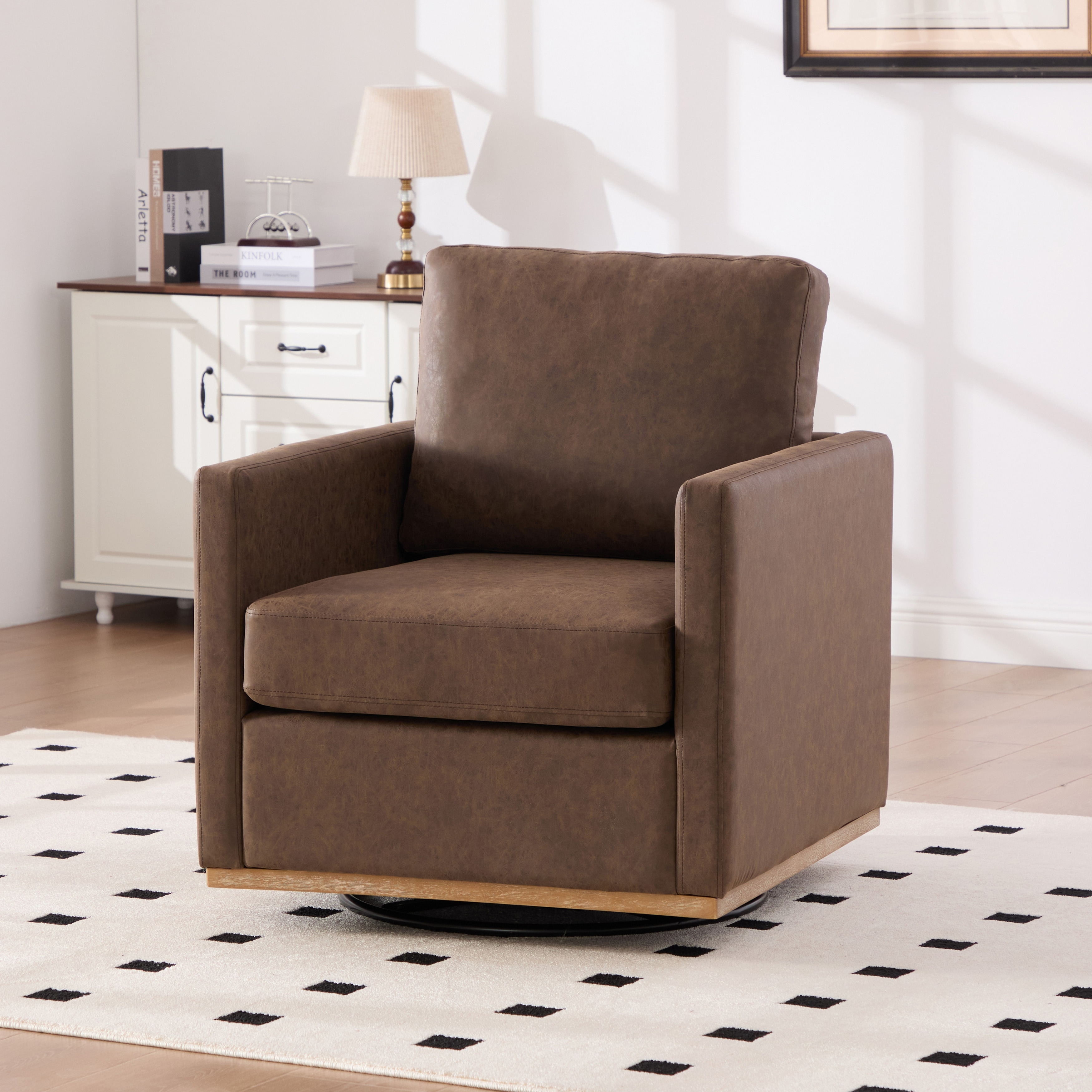 Modern PU Swivel Accent Chair with Armrest and Metal Base