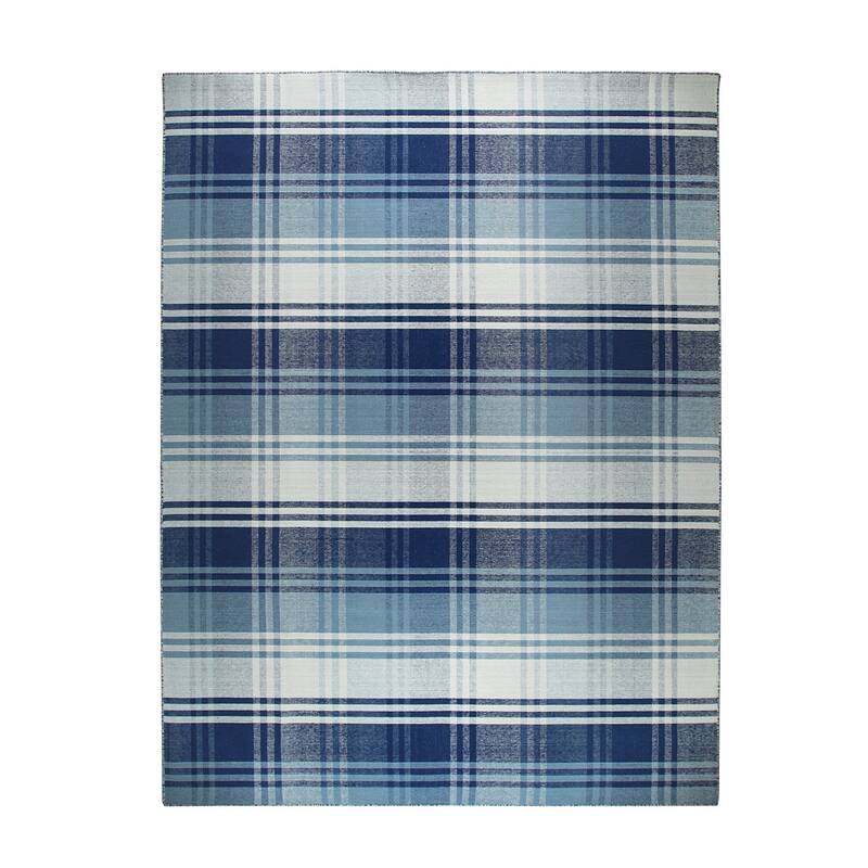Home Decor EORC Hand-Woven Wool Plaid Rug, Blue Stylish and Durable Area Rug for Adding Comfort and Texture to Your Living Room