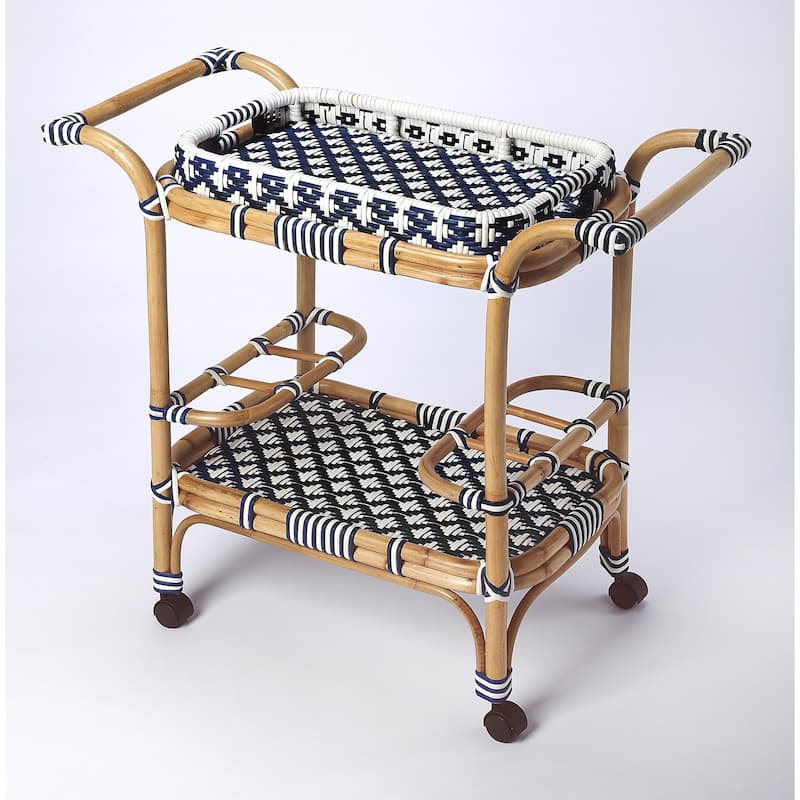 Butler Selena Blue & White Rattan Bar Cart
