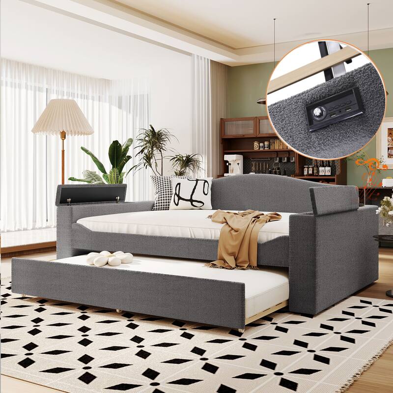 Upholstered Daybed with Storage Armrests, Trundle and Latest Integrated Bluetooth Audio System - Grey - Full