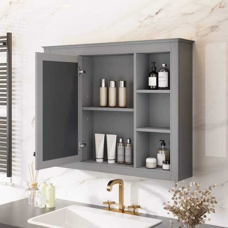35'' x 27.5'' Modern Bathroom Wall Medicine Cabinet, Wall Mounted Bathroom Storage Cabinet with Mirror and 6 Open Shelves - N/A