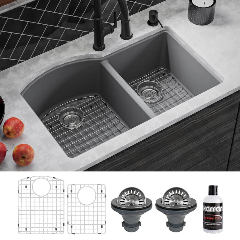 Karran Undermount Quartz 32 in. 60/40 Double Bowl Kitchen Sink Kit