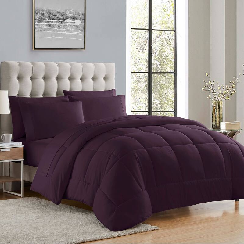 RV Queen Luxury Solid Color Bed-In-a-Bag With Comforter And Sheet Set - Purple