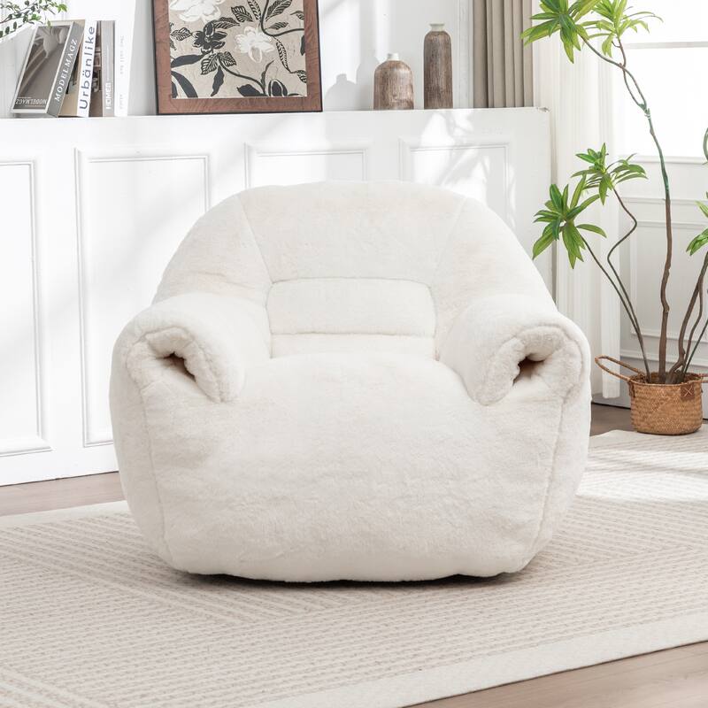 Faux Fur Bean Bag Chair with Back Support & Footstool - Comfy Floor Sofa for Adults & Kids, Living Room, Bedroom (2 Options) - White