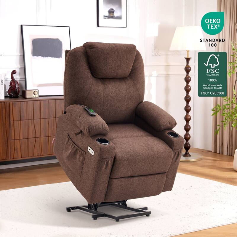MCombo Small Power Lift Recliner Chair Sofa with Massage and Heat, 3 Positions and USB Ports Extended Footrest, Fabric 7141 - Coffee