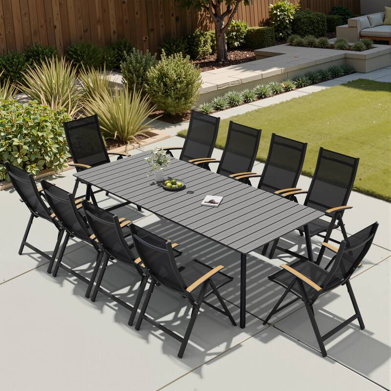 11-Piece Outdoor Patio Dining Set WPC Table Top Alumium Umbrella Hole Table with Folding Teak Armrest Chairs