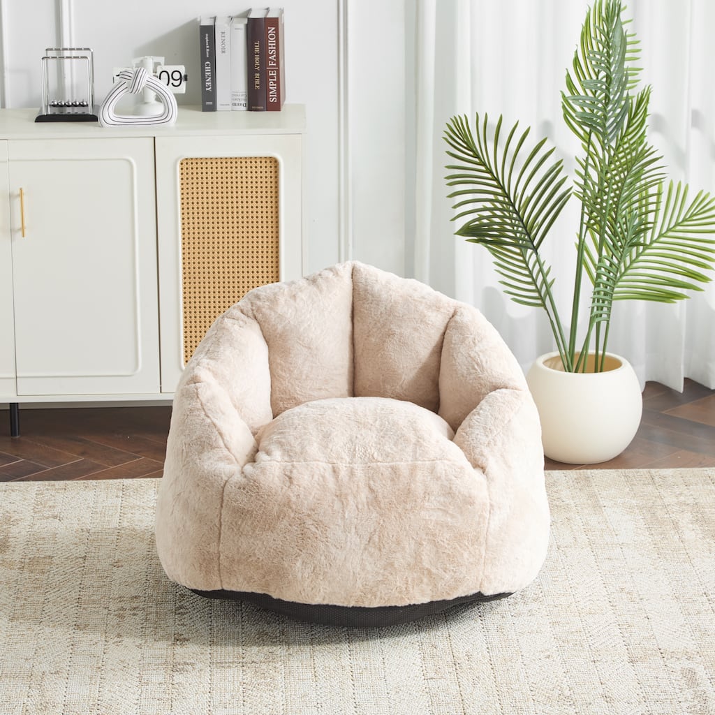 Roomfitters Albi Indoor Armchair Style Bean Bag Chair with Shredded Foam Fill, Beige Faux Fur