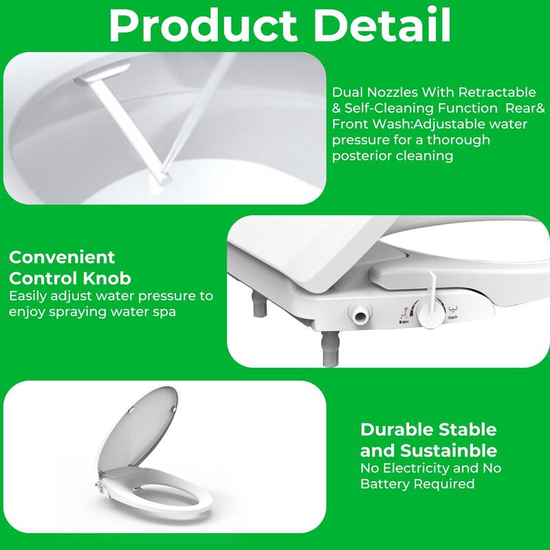 Elongated White Toilet Seat with Self Cleaning 2 Nozzles, Front &Rear Washing for Your Bedroom