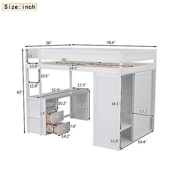 dimension image slide 1 of 2, Multifunctional Full Loft Bed with Wardrobe, Desk, and Storage, Ideal for Small Spaces