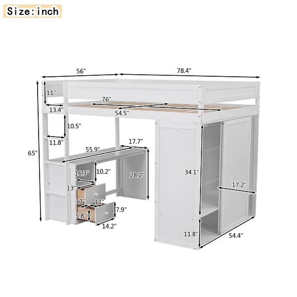 dimension image slide 3 of 4, Pine Wood Loft Bed with Wardrobes, 2-Drawer Desk, and Cabinet, Full-Length Guardrail