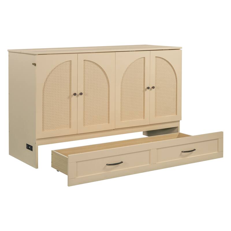 Queen Size Murphy Bed with Large Storage Drawers, USB Charging Port, and Space-Saving Design for Small Rooms