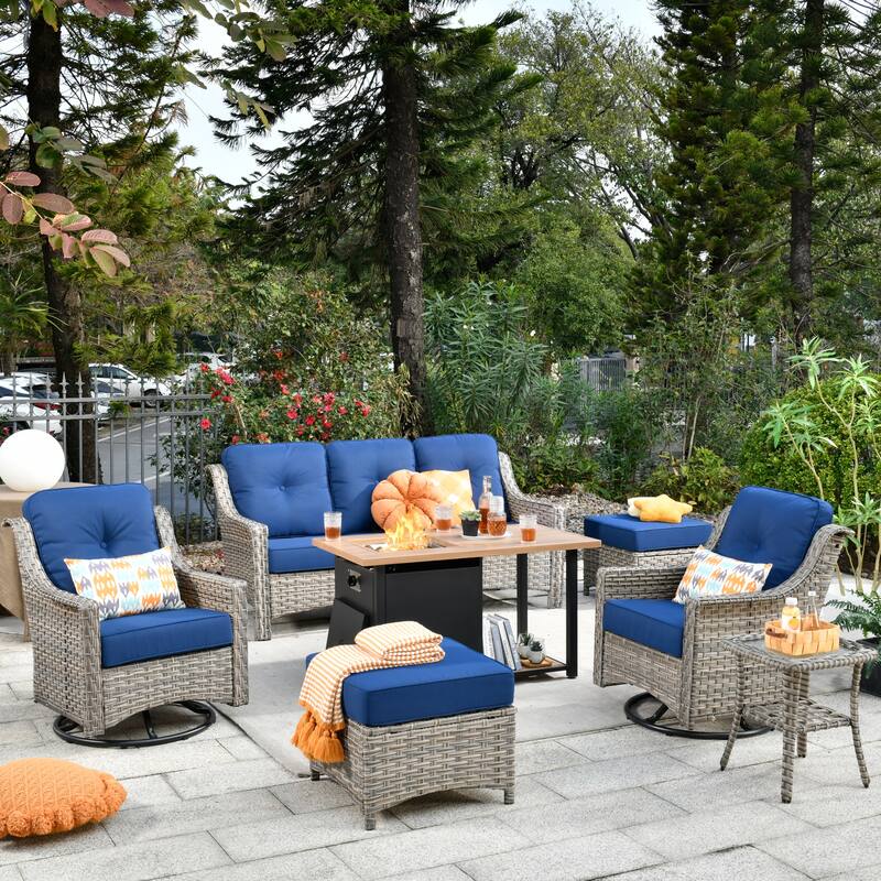 XIZZI 7-piece Outdoor Patio Furniture Conversation Sofa Set with Fire Pit - Navy Blue