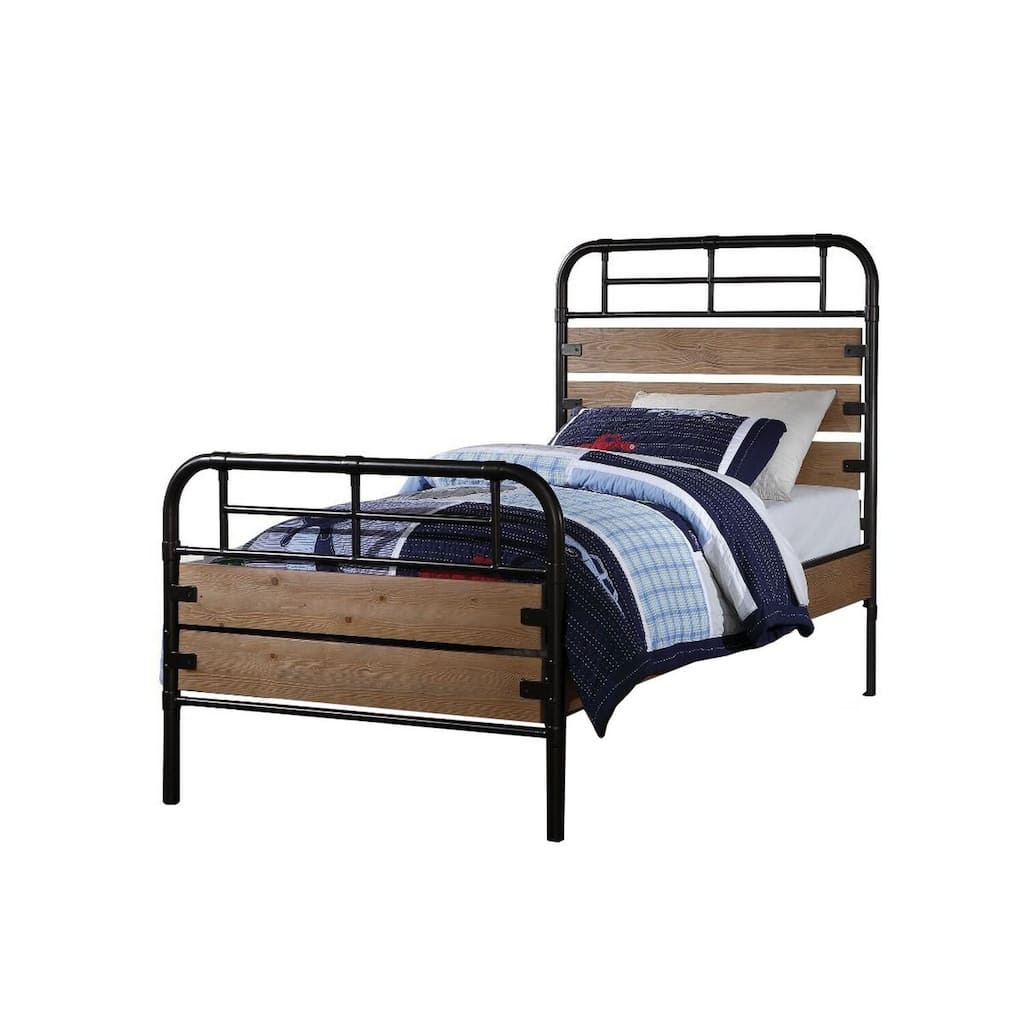 Twin Size Metal Bed Frame with Wood Headboard - Black Brown Slat Support Bed