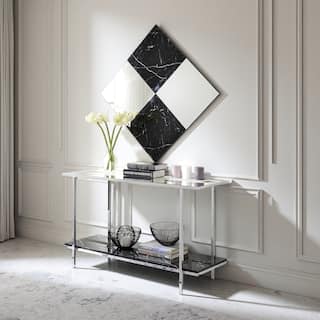 48" Rectangular Mirrored & Faux Marble Console Table with Chrome Metal Frame and Open Storage Shelf