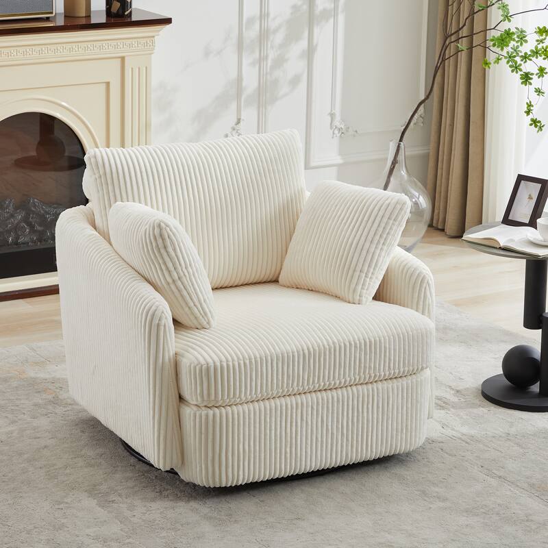 360° Swivel Accent Armchair for Living Room, 40.55" Upholstered Sofa Chair Round Corduroy Club Chair with 2 Pillow - Ivory