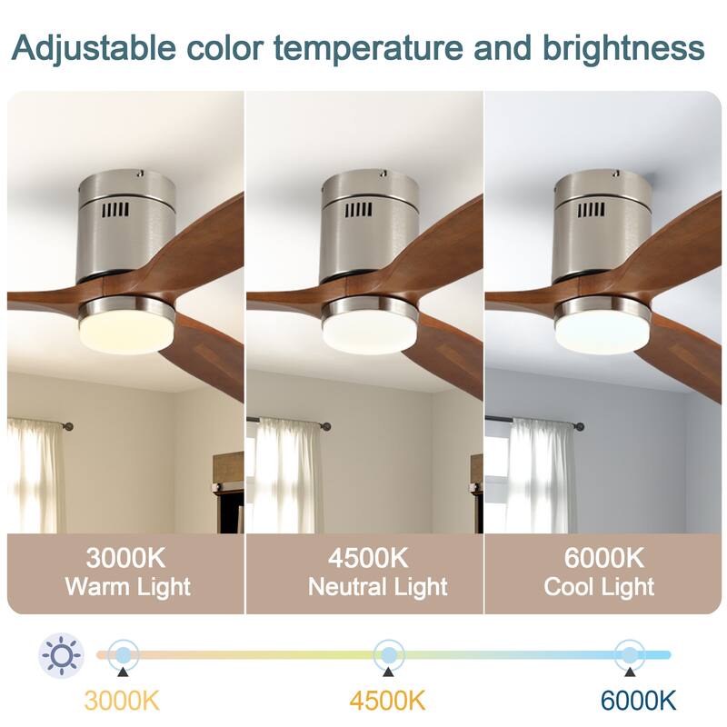 52 Inch Ceiling Fan with Light,3 Light Walnut Solid Wood Blades,Remote Control,6-speed Reversible DC Motor