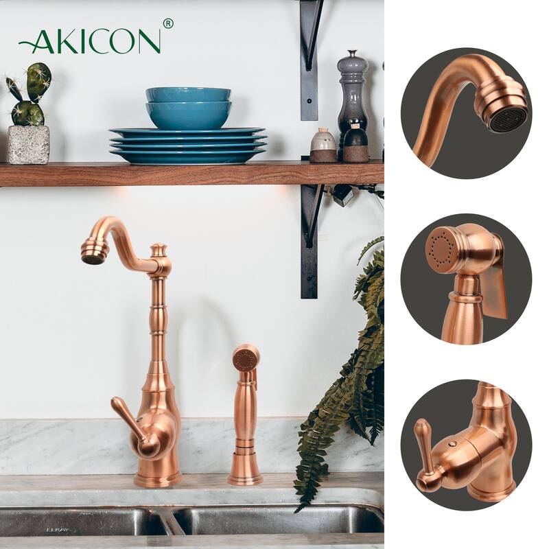One-Handle Copper Widespread Kitchen Faucet with Side Sprayer