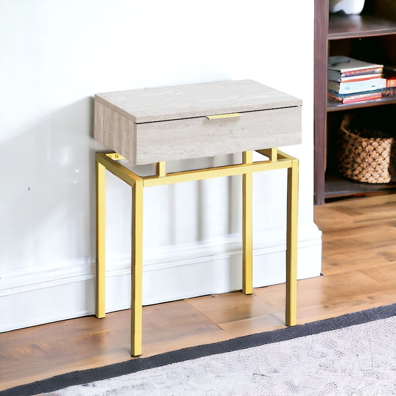Modern 23-inch Beige and Gold End Table Rectangular Top with Drawer Perfect for Living Room - 18.25”L x 12.75”W x 23.25”H