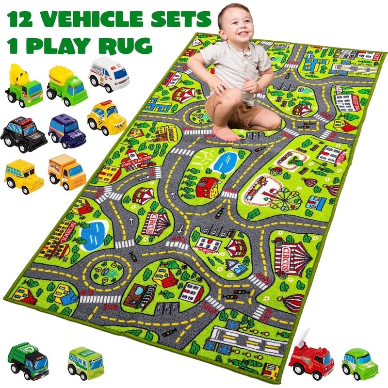 Carpet Playmat w/ 12 Cars Pull-Back Vehicle Set - Green