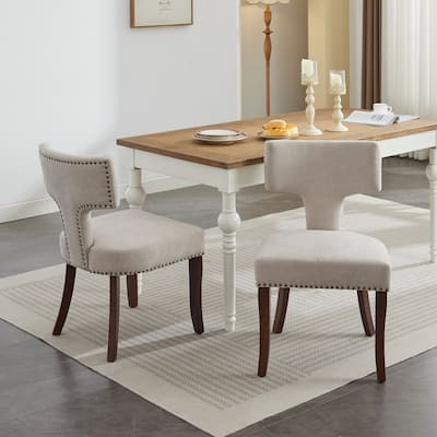 Mid Century Modern Dining Chairs Set of 2, Farmhouse Linen Fabric Upholstered Accent Chair Curved Backrest