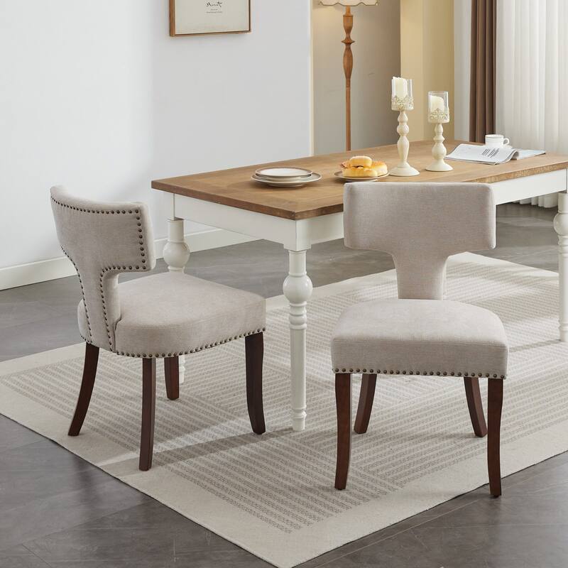 Roomfitters Farmhouse Linen Dining Chairs Set of 2, Upholstered Accent Chairs with Curved Back and Nailhead Trim - Beige
