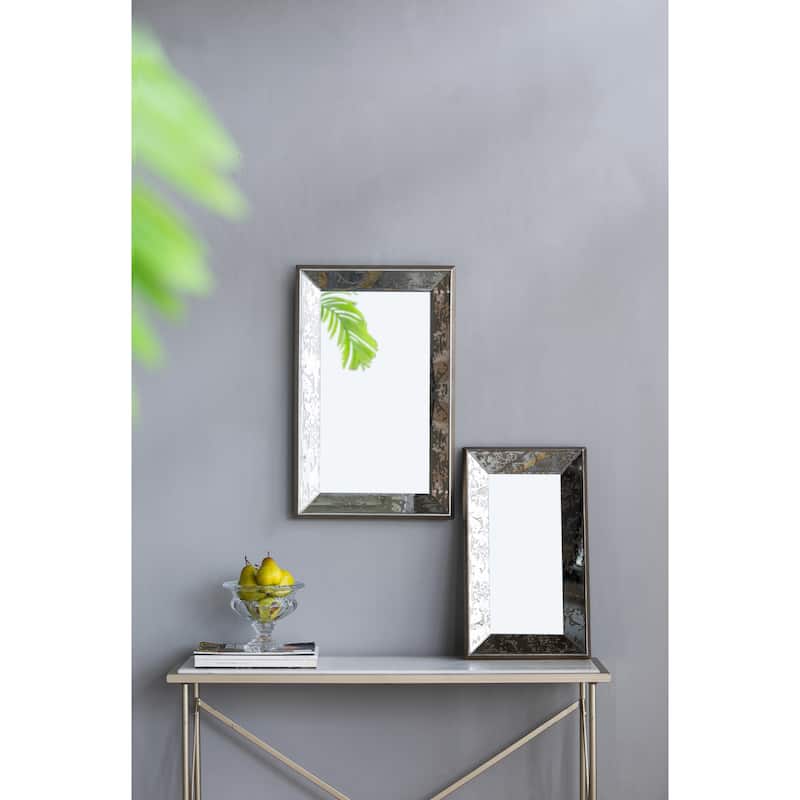 24" x 15" Antique Silver Rectangle Mirror with Floral Accents, Mirrored Display Tray, Hanging Wall Mirror