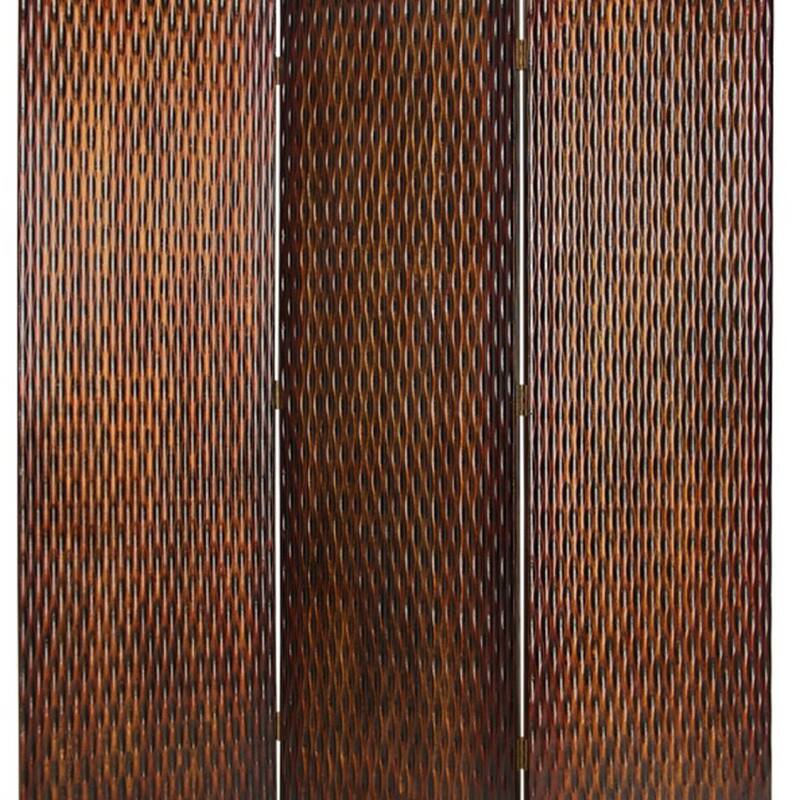 3 Panel Foldable Room Divider with Patterned Wood Panelling, Brown