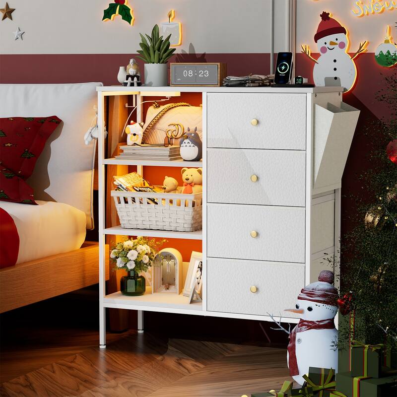 White Storage Cabinet with 4 Drawers, 3 Open Shelves & Built - in Power Outlets