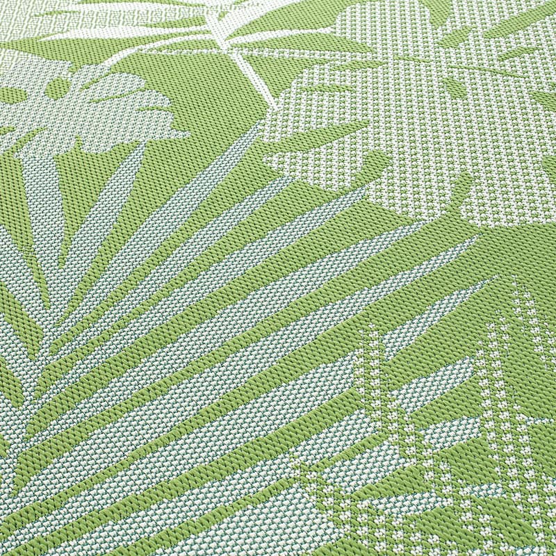 Contemporary Tropical Leaves Indoor/Outdoor Flatweave Waterproof Backyard Patio Area Rug