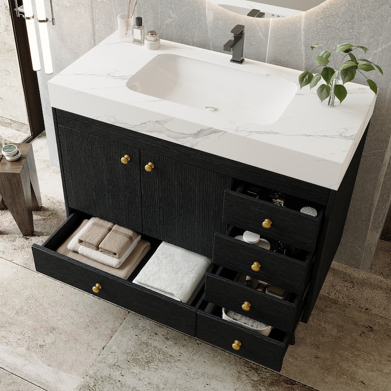 36" Bathroom Vanity with Faux Marble Top & Ceramic Sink, 5-Drawer Storage Cabinet with Stainless Steel Legs