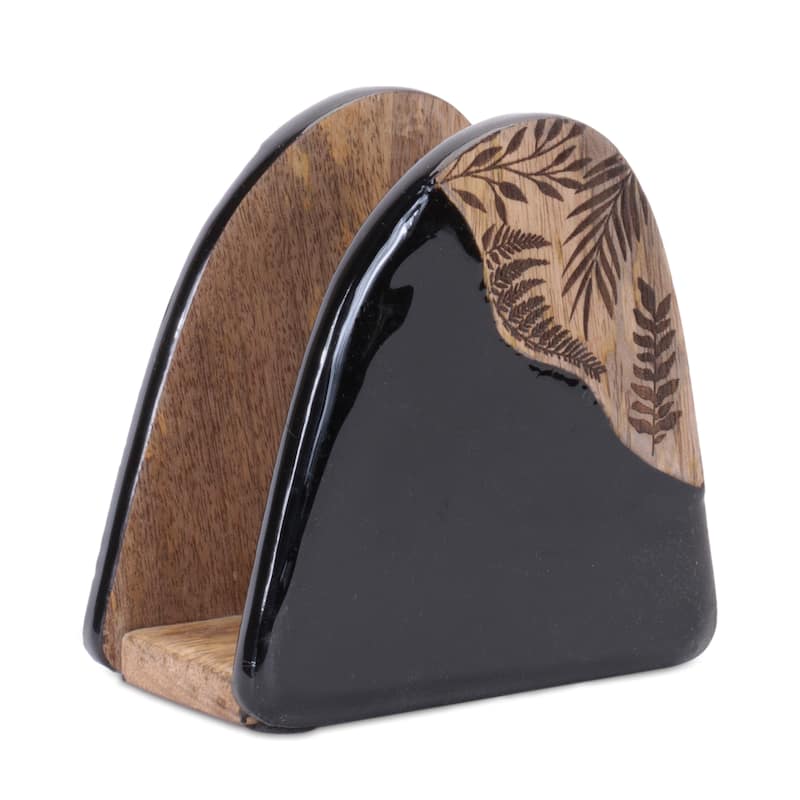 Premium Natural Mango Wood Floral Etched Coaster Set 4 Two-Tone Black & Brown Rounded Triangle Coasters