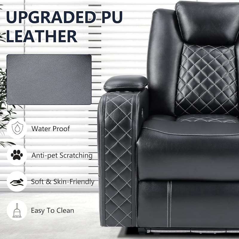 Power Recliner Chair with USB/Type-C Ports and Ambient Lighting, Faux Leather Home Theater Seating with Adjustable Headrest