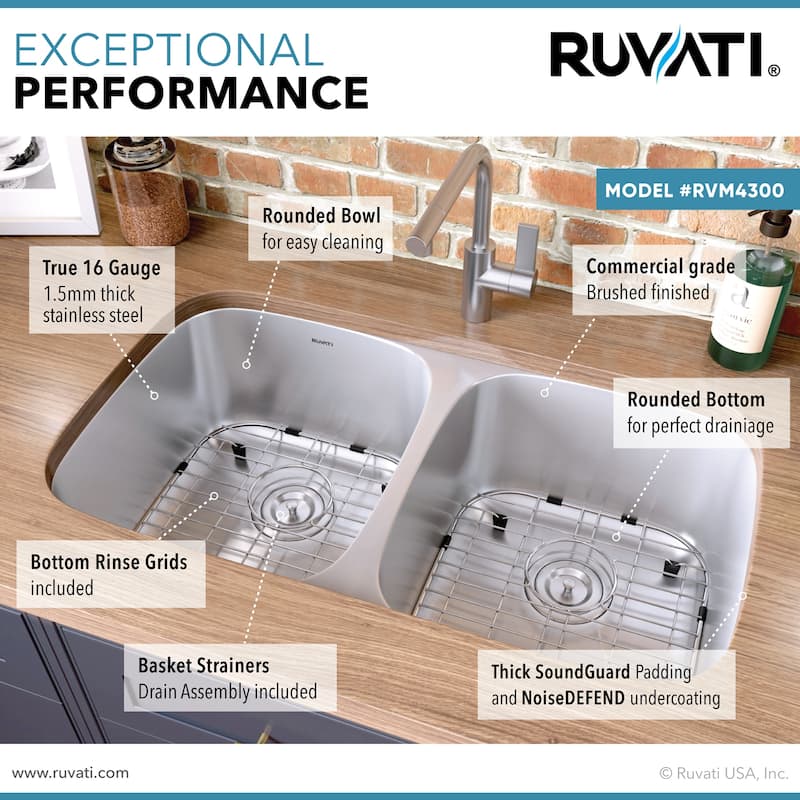 Ruvati 32-inch Undermount 50/50 Double Bowl 16 Gauge Stainless Steel Kitchen Sink - RVM4300 - 32-1/8″ x 18″