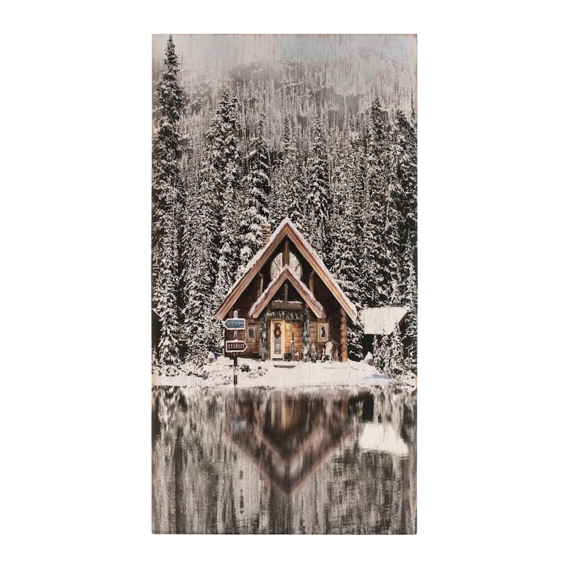 Rustic Wooden Winter Lodge Wall Plaque with Lake and Pine Forest for Cabin Style Holiday Decor - 9.5”L x 1”W x 17.75”H