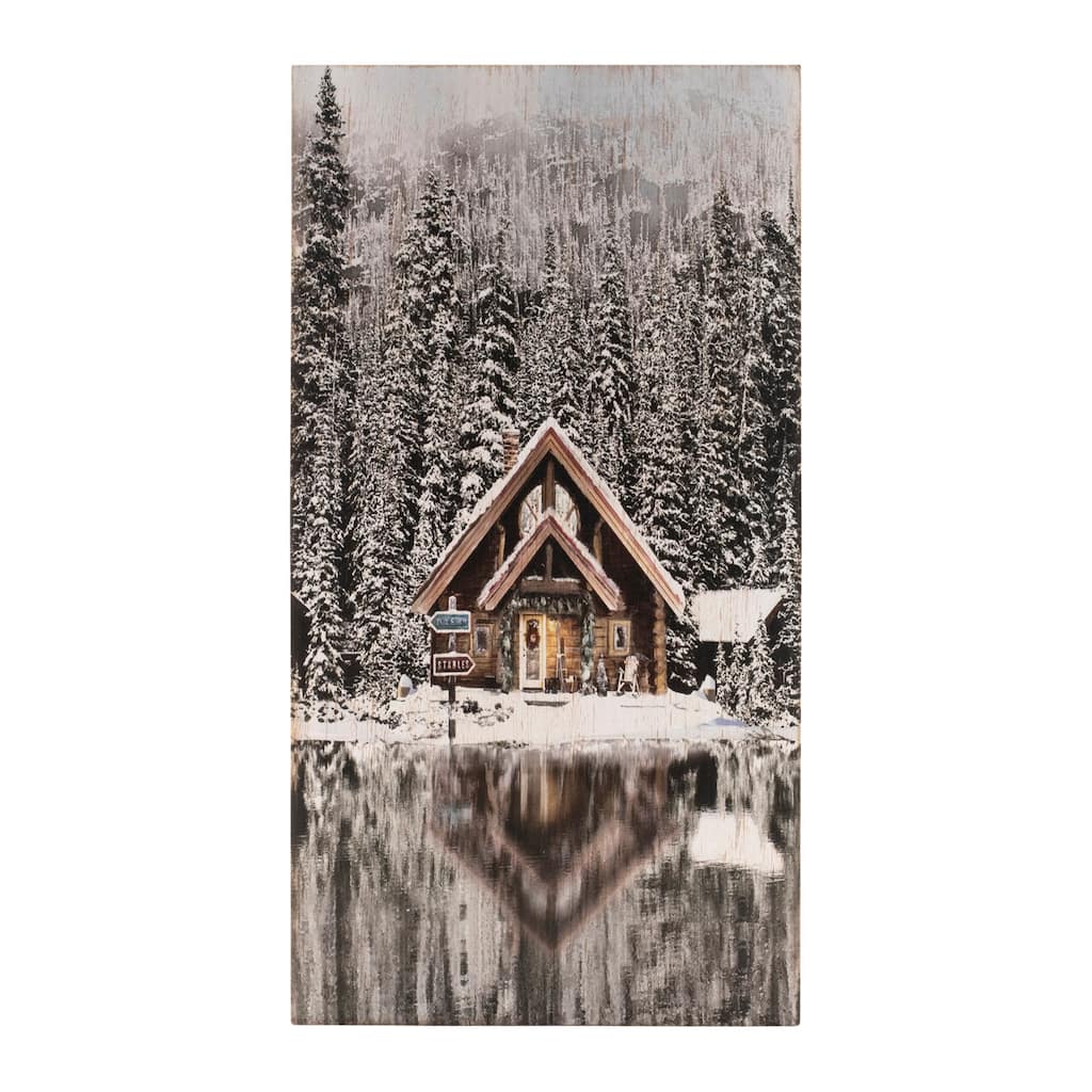 Rustic Wooden Winter Lodge Wall Plaque with Lake and Pine Forest for Cabin Style Holiday Decor - 9.5”L x 1”W x 17.75”H