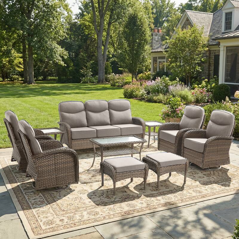 Pocassy Outdoor 10-Piece Sofa Swivel Chair Ottoman with Table - Brown Wicker Gray Cushion - 10-Piece Sofa Swivel Chair Ottoman with Table