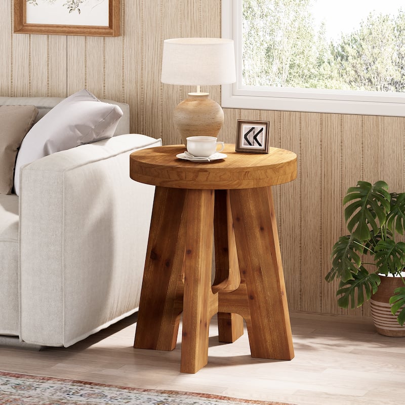 Farmhouse Solid Wood Round End Table Small Side Table for Couch - Brown