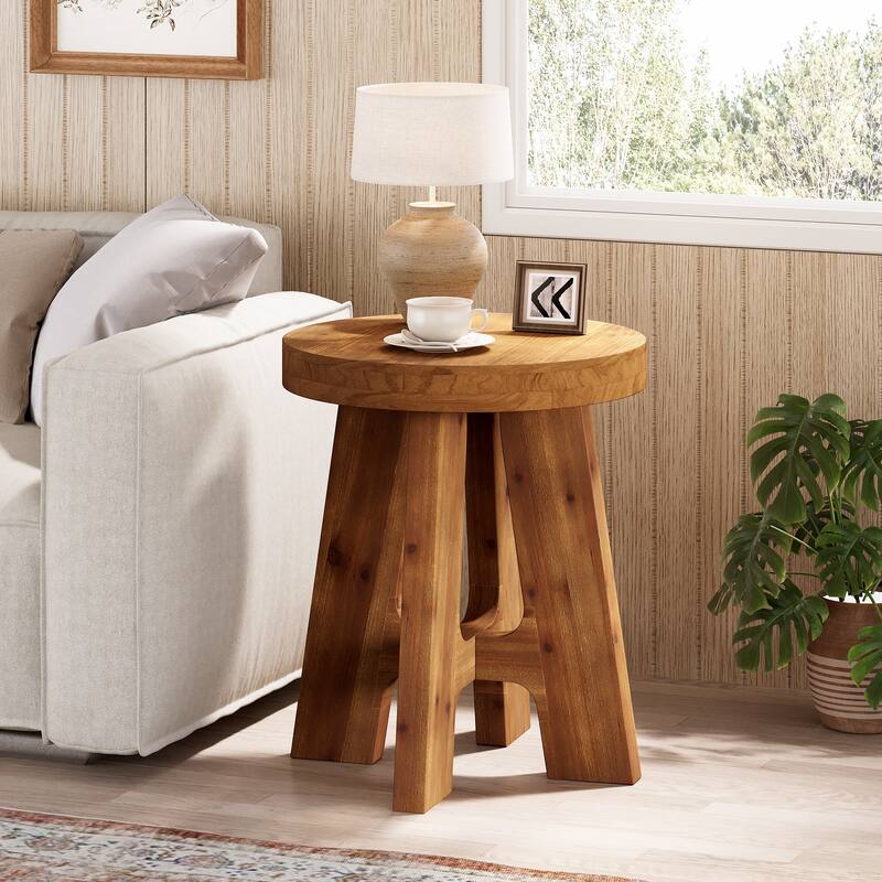 Solid Wood Round End Table, Farmhouse Small Round Side Table