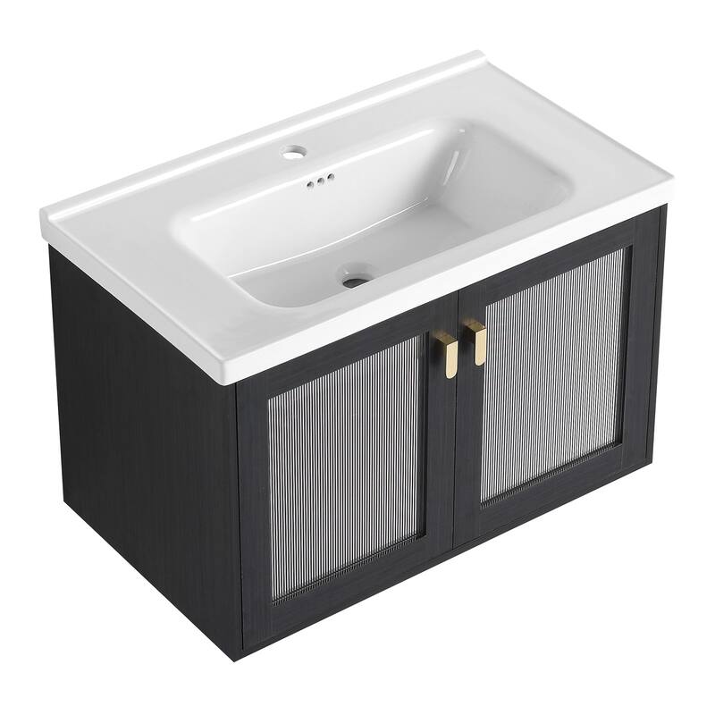 32 inch Wall-Mounted Bathroom Vanity Set in Black with Integrated Ceramic Sink