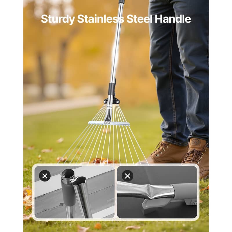 Stainless Steel Leaf Rake with 15 Metal Tines for Lawn - 62.99 x 22.44 x 2.17 in