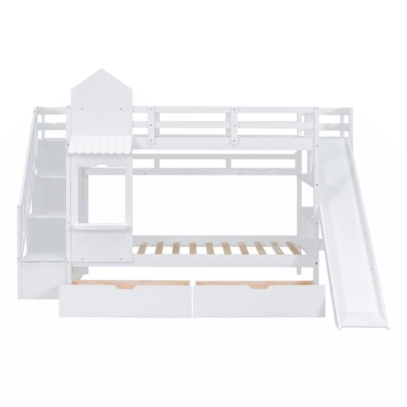 Twin-Over-Twin Castle Style Bunk Bed with 2 Drawers 3 Shelves and Slide