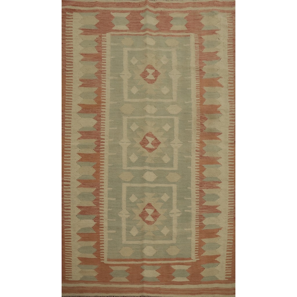 Hand Woven Oriental 100% Wool Carpet Southwestern Tribal Green Kilim Area Rug - 6' 3'' X 4' 1''