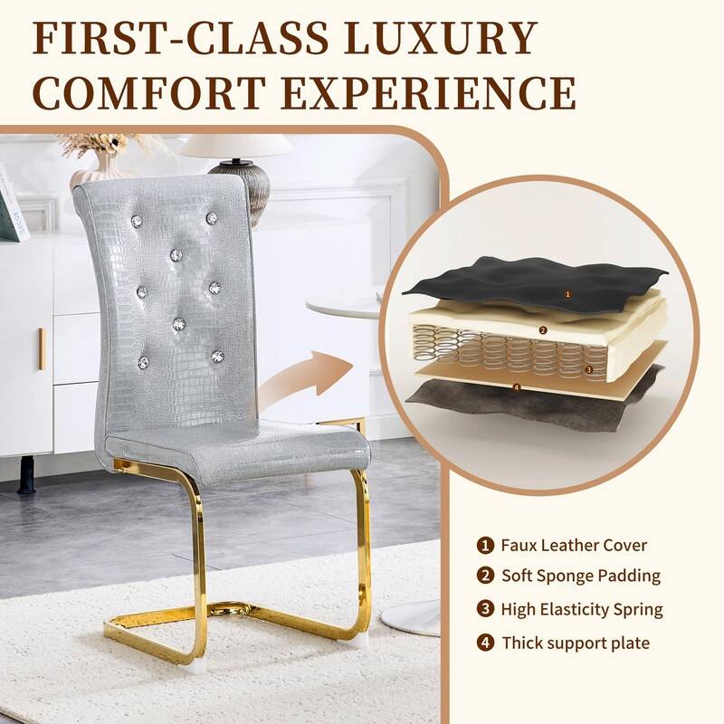 Set of 2 Retro Alligator Skin Upholstered Dining Chairs with Crystal Buckle Design & Faux Leather