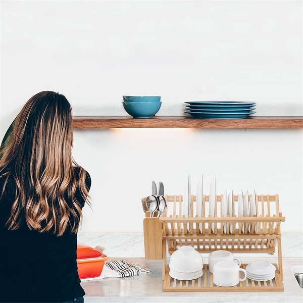 Bamboo dish drying best sale rack with utensil holder