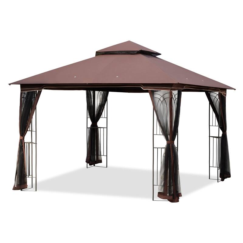 9'X9' Outdoor Steel Gazebo, Double Roof Patio Canopy with Netting, Curtains & Hanging Hooks for Backyard Deck Garden