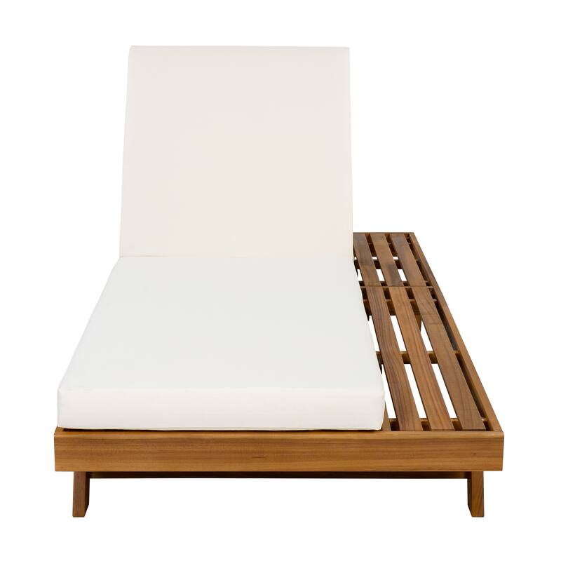 One-sided Open Storage Lounge Chairs Outdoor Patio Acacia Wood Chaise Lounge with Adjustable Backrest & Water-repellent Cushions