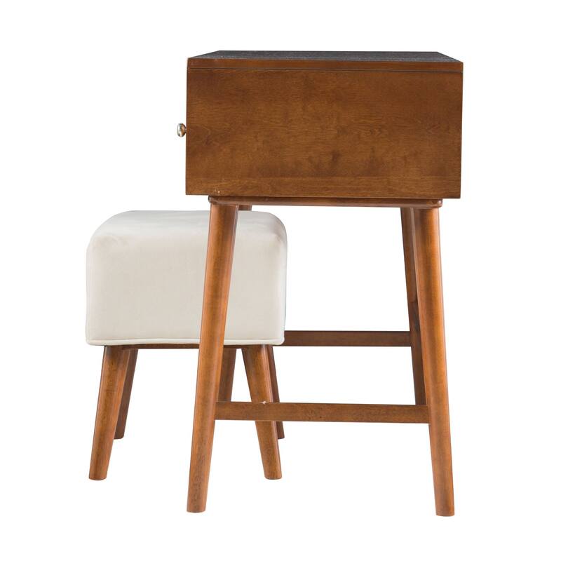 47" Walnut Brown Mid Century Vanity Set with Mirror and Stool