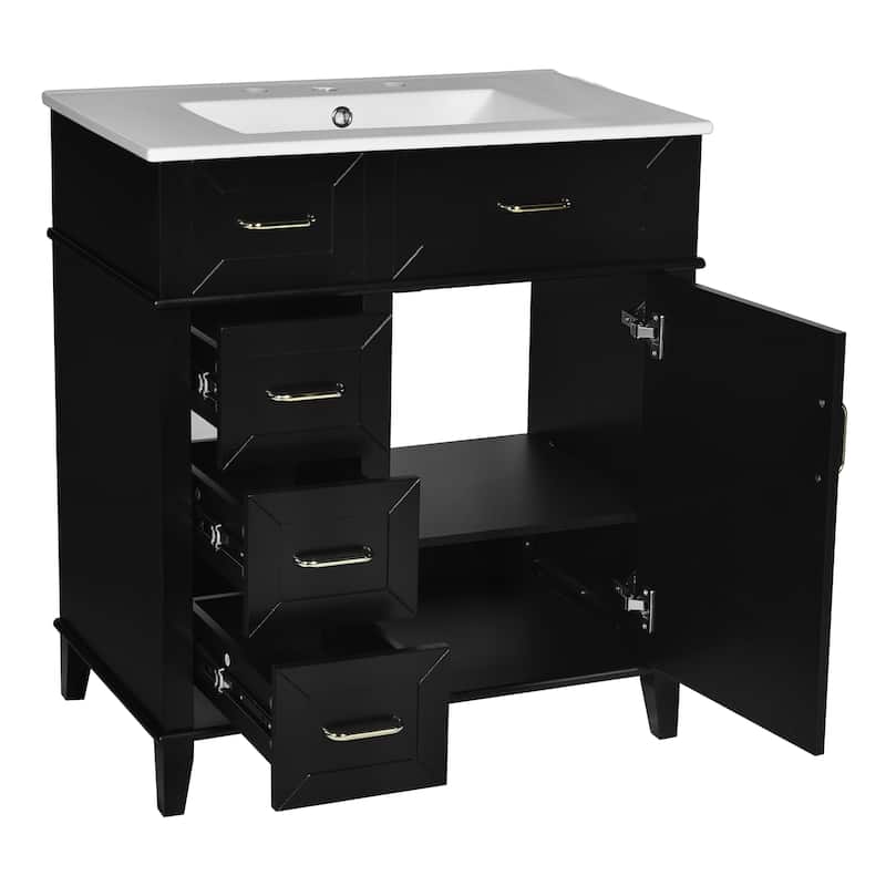 30" Bathroom Vanity with Ceramic Sink, Adjustable Shelf, Soft Close Door, and Three Soft Close Drawers
