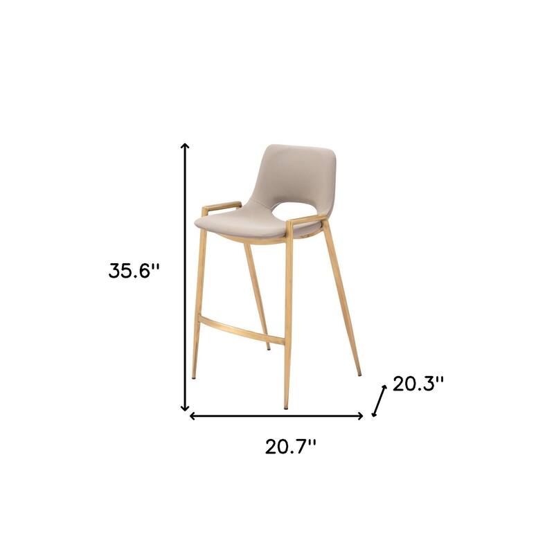 Set of Two 26" Beige And Gold Faux Leather And Steel Low Back Counter Height Bar Chairs
