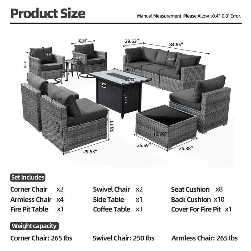 XIZZI 11-piece Patio Furniture Sofa Seating Set with Fire Pit
